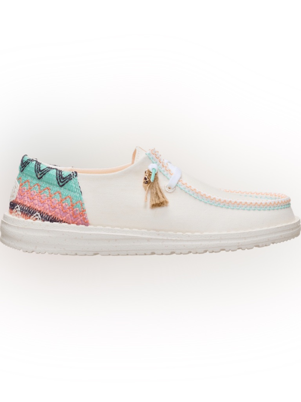 Hey Dude Cream Canvas Moccasins with Pastel Embroidery and Tassel Charm